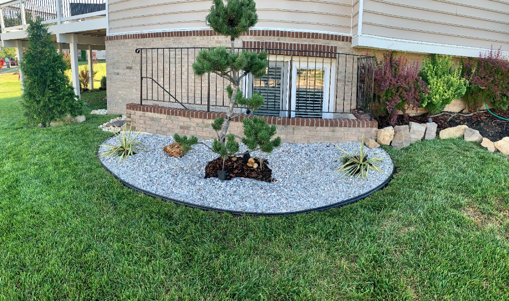Zen-inspired rock garden island with bonsai pine and yucca plants